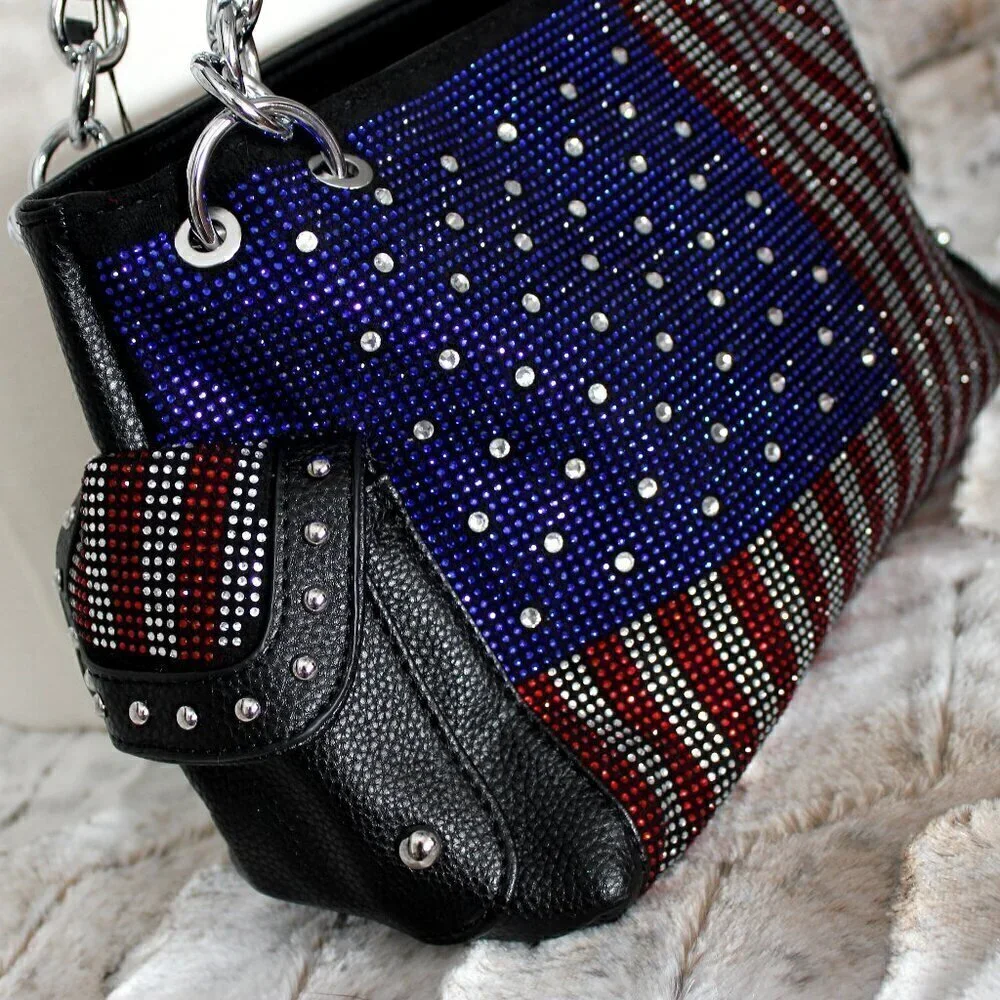 American Flag Red White Blue Rhinestone Bling Black Hobo Patriotic Handbag Bag